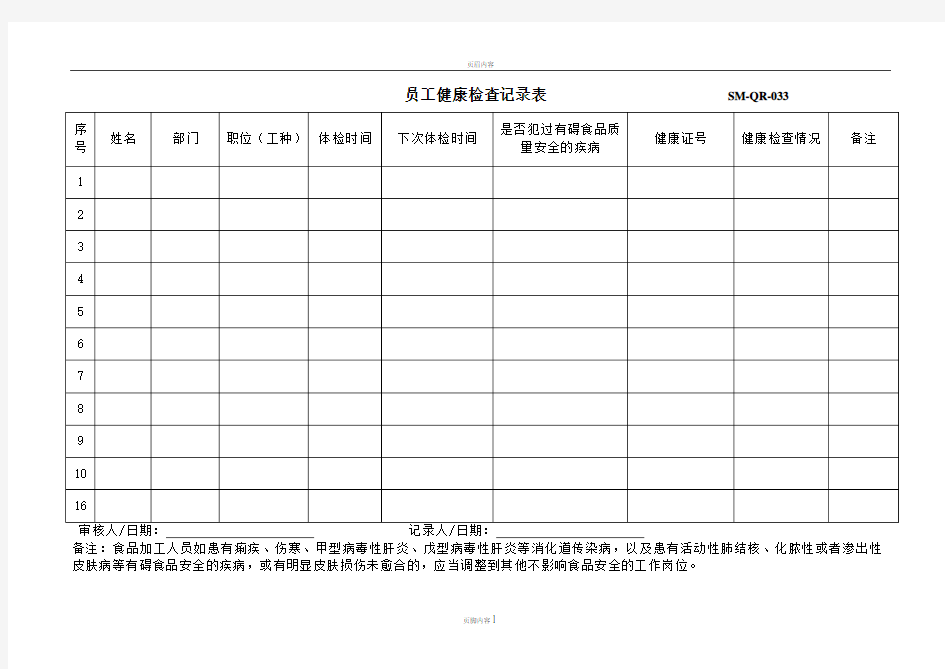 员工健康检查记录表