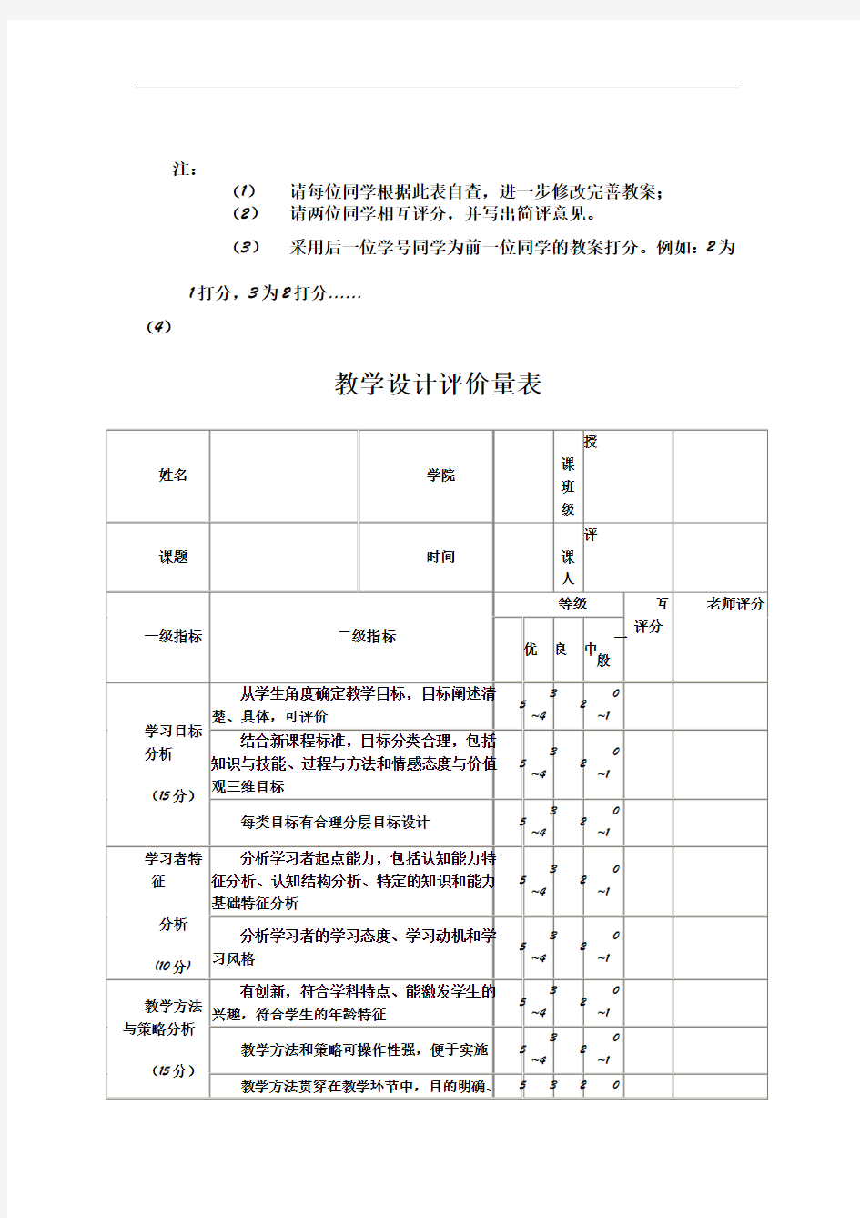 教学设计评价量表最新