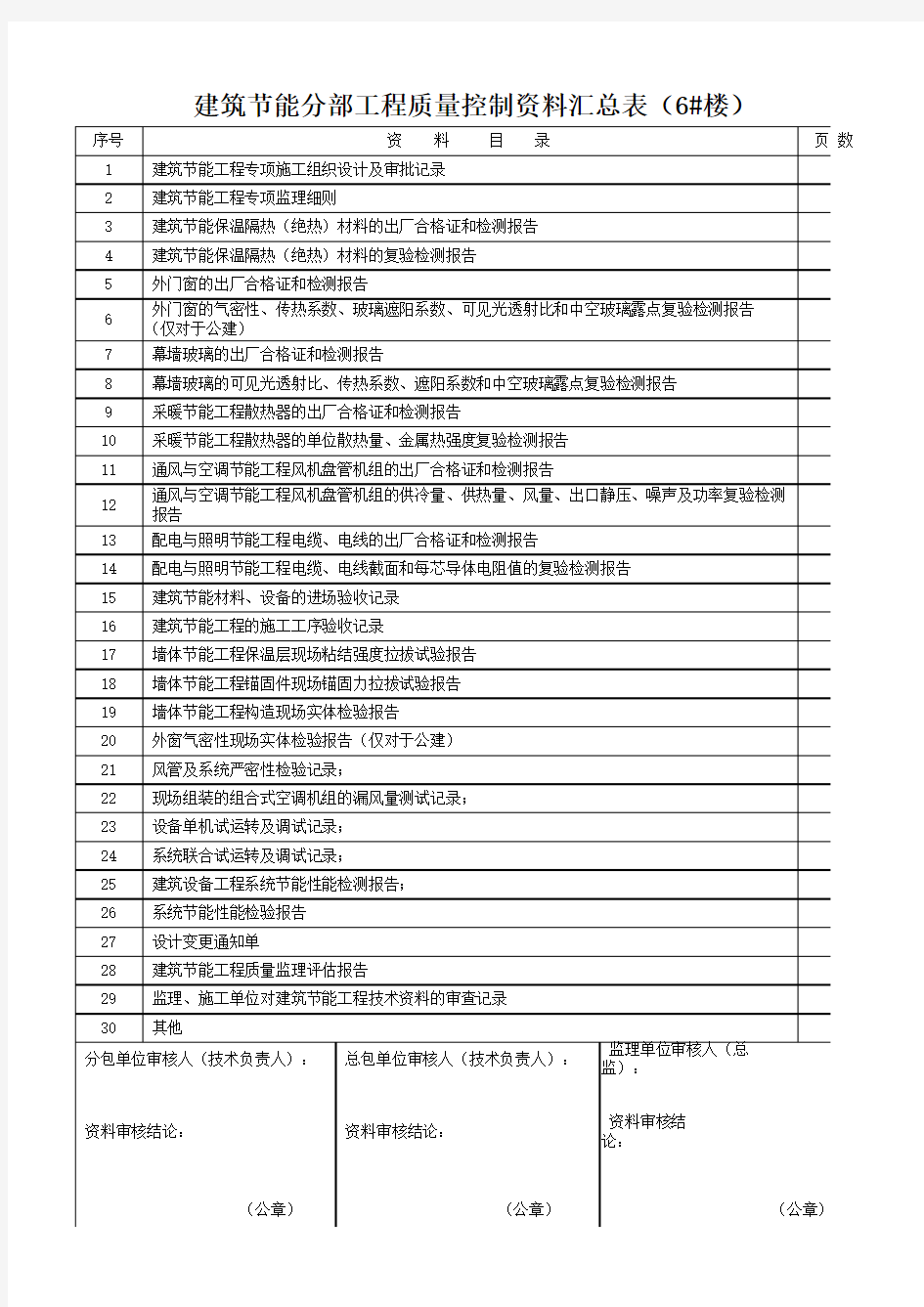 建筑节能分部工程质量控制 汇总表