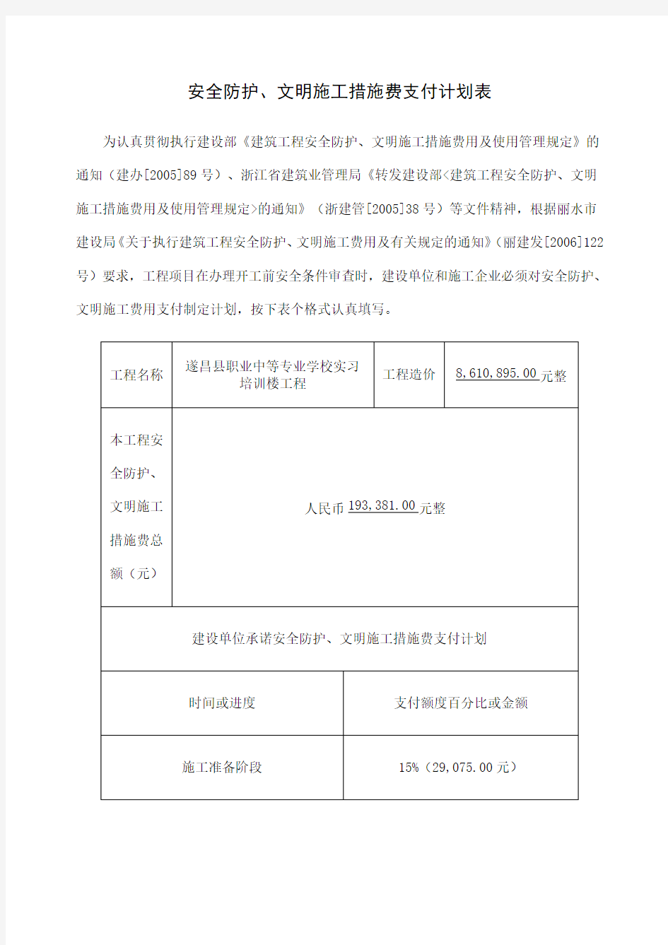 安全防护、文明施工措施费支付计划表样表