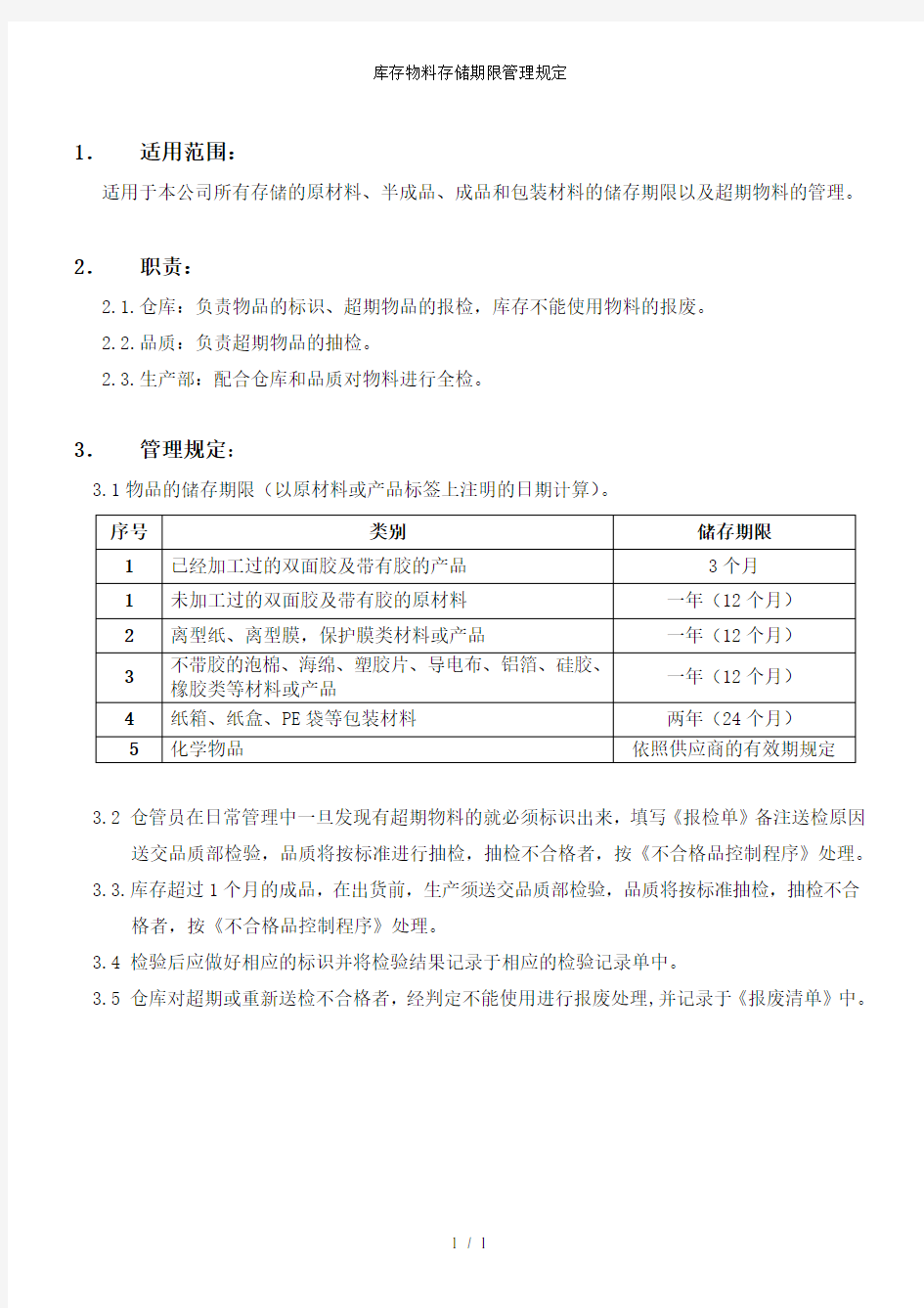 库存物料存储期限管理规定