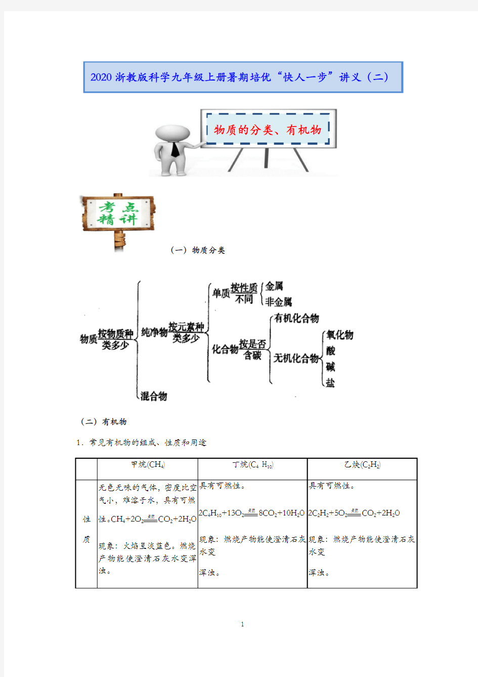 2020浙教版科学九年级上册暑期培优“快人一步”讲义(二)：物质的分类、有机物【含答案】