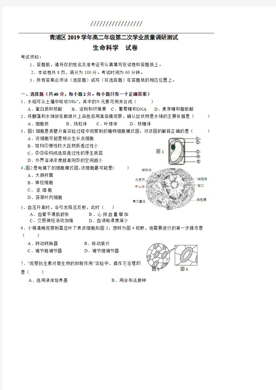 上海市青浦区2020届高三生物二模试卷