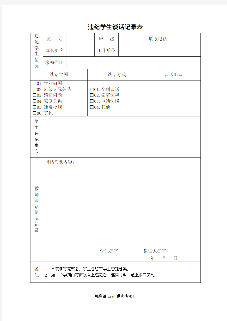 学生违纪处理登记表-违纪学生登记表最新版本