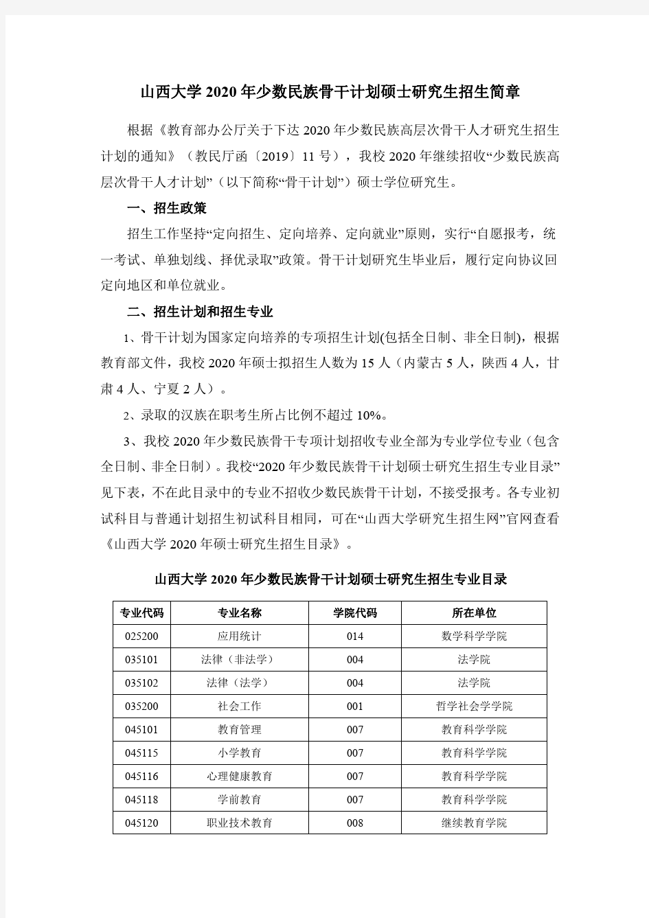 山西大学2020年少数民族骨干计划硕士研究生招生简章