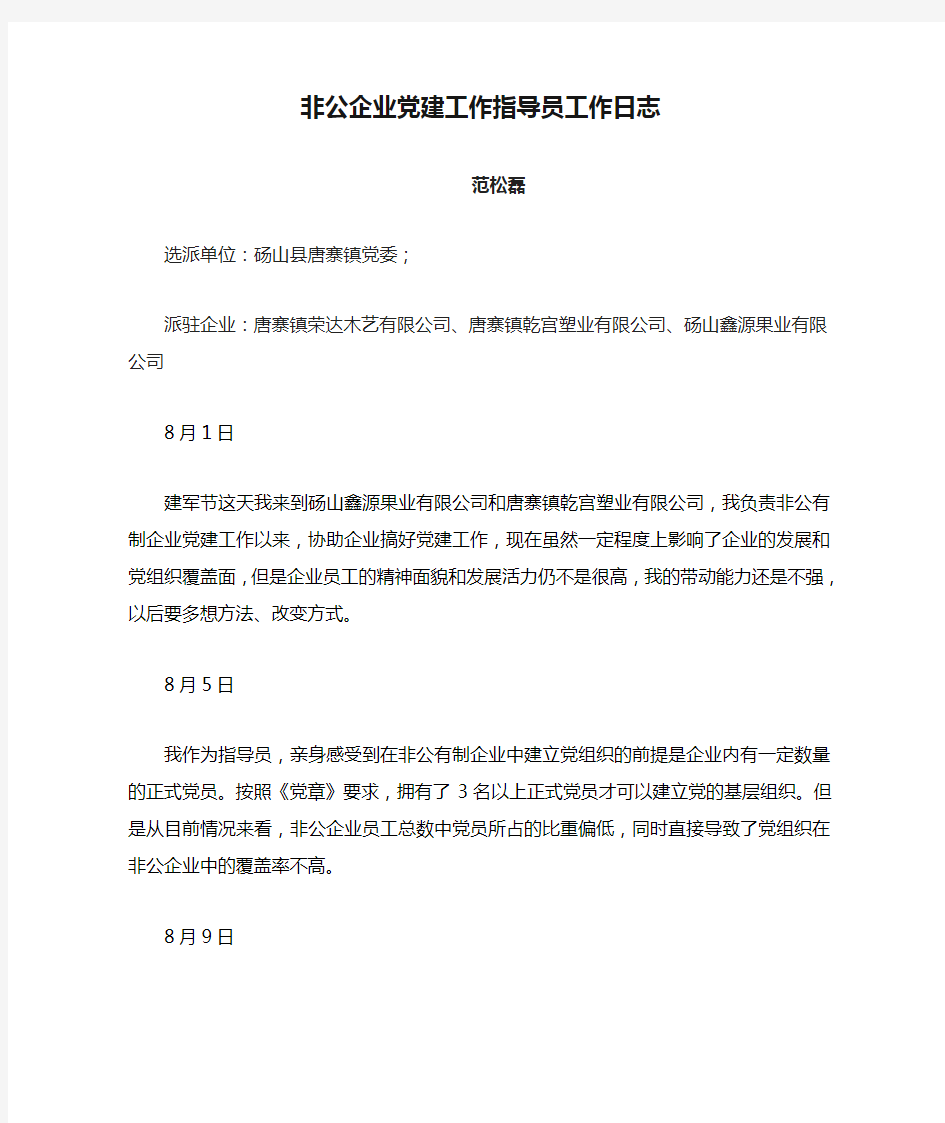 非公企业党建工作指导员工作日志