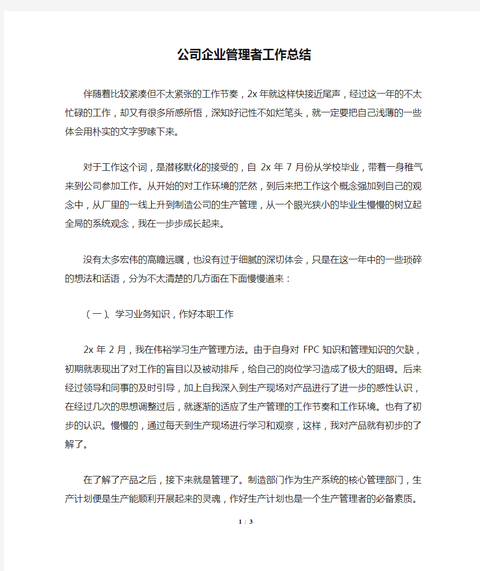 公司企业管理者工作总结