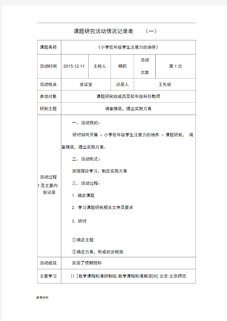 课题研究活动情况记录表