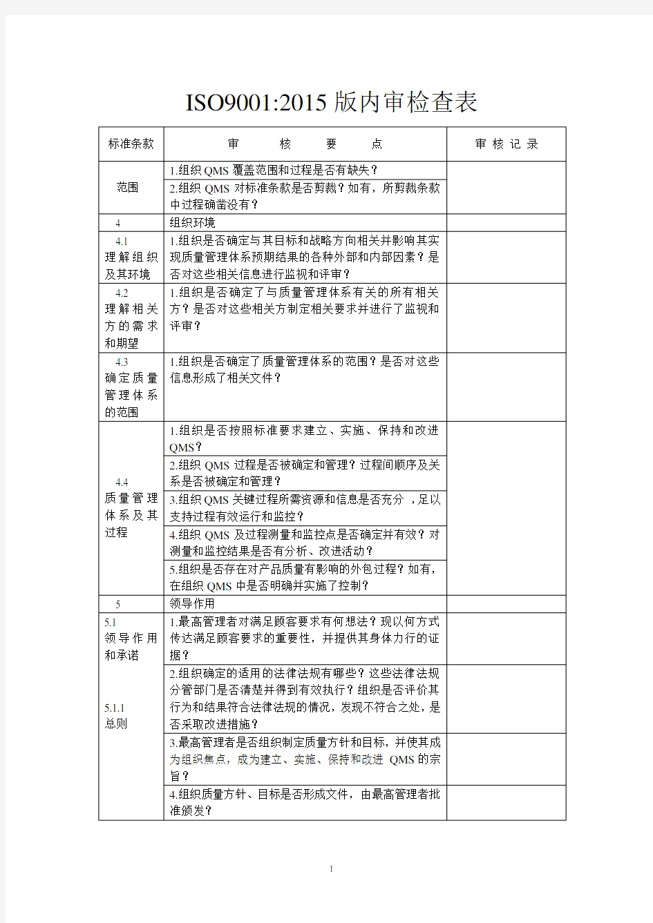 ISO9001-2015版内审检查表