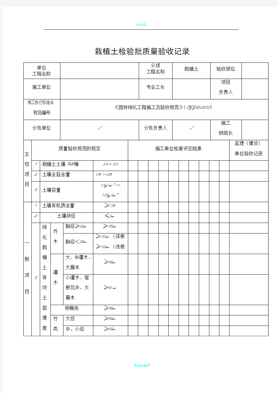 栽植土检验批质量验收记录