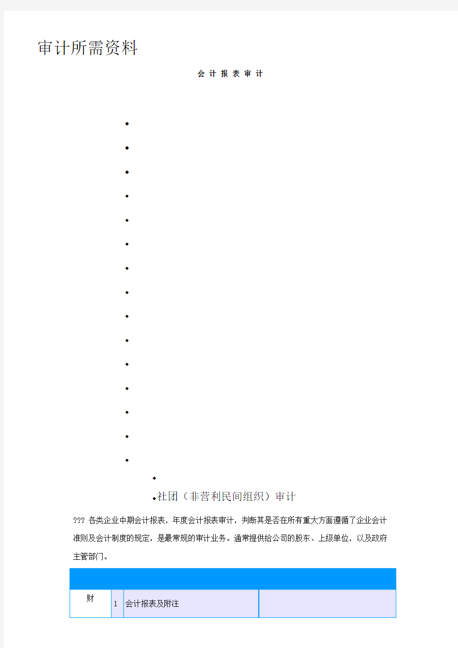 各种审计资料所需清单