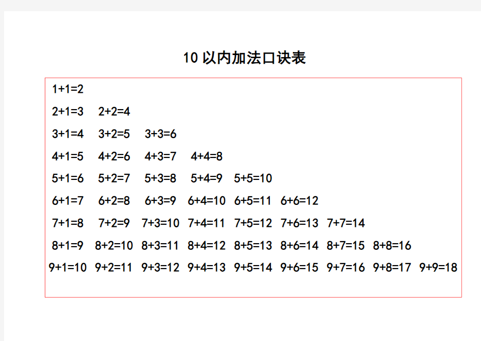 一年级上10以内,20以内加减法口诀表