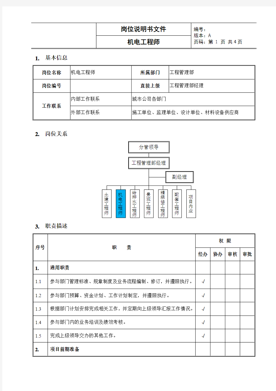 房地产集团：机电工程师岗位说明书