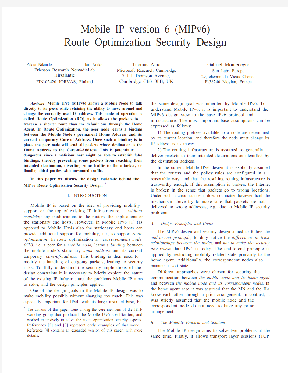 Mobile IP version 6 (MIPv6) route optimization security design