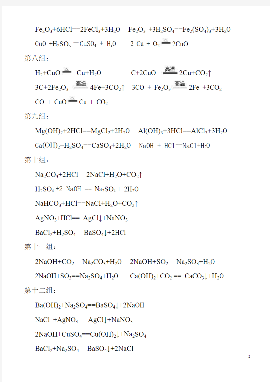 初中化学方程式分组默写2