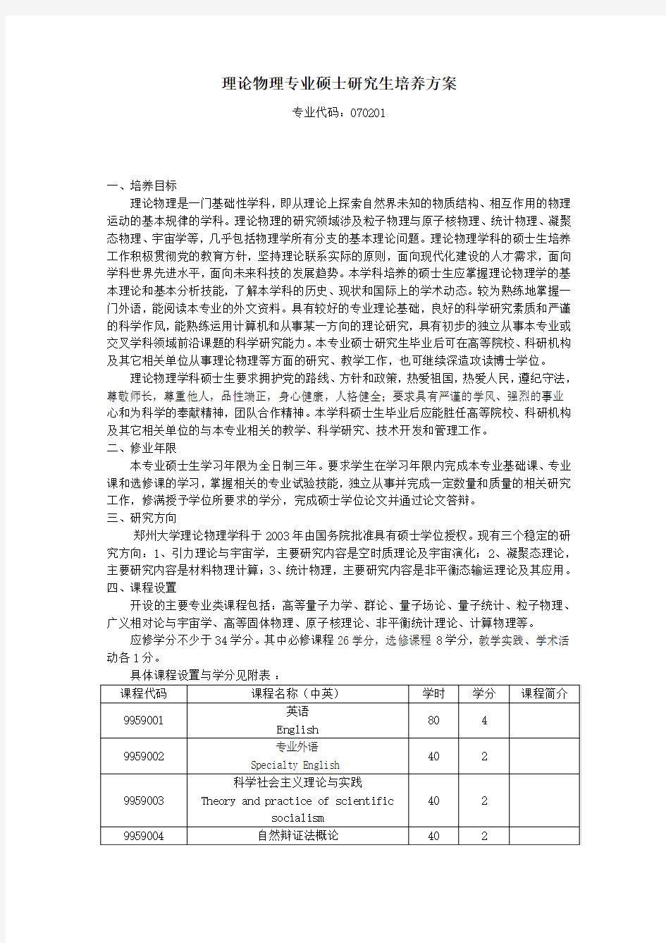 理论物理专业硕士研究生培养方案