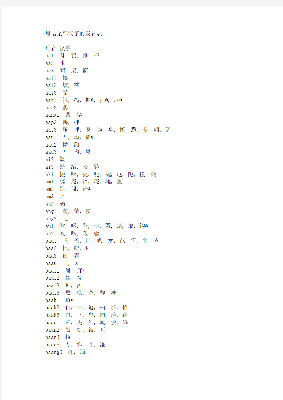 粤语全部汉字的发音表