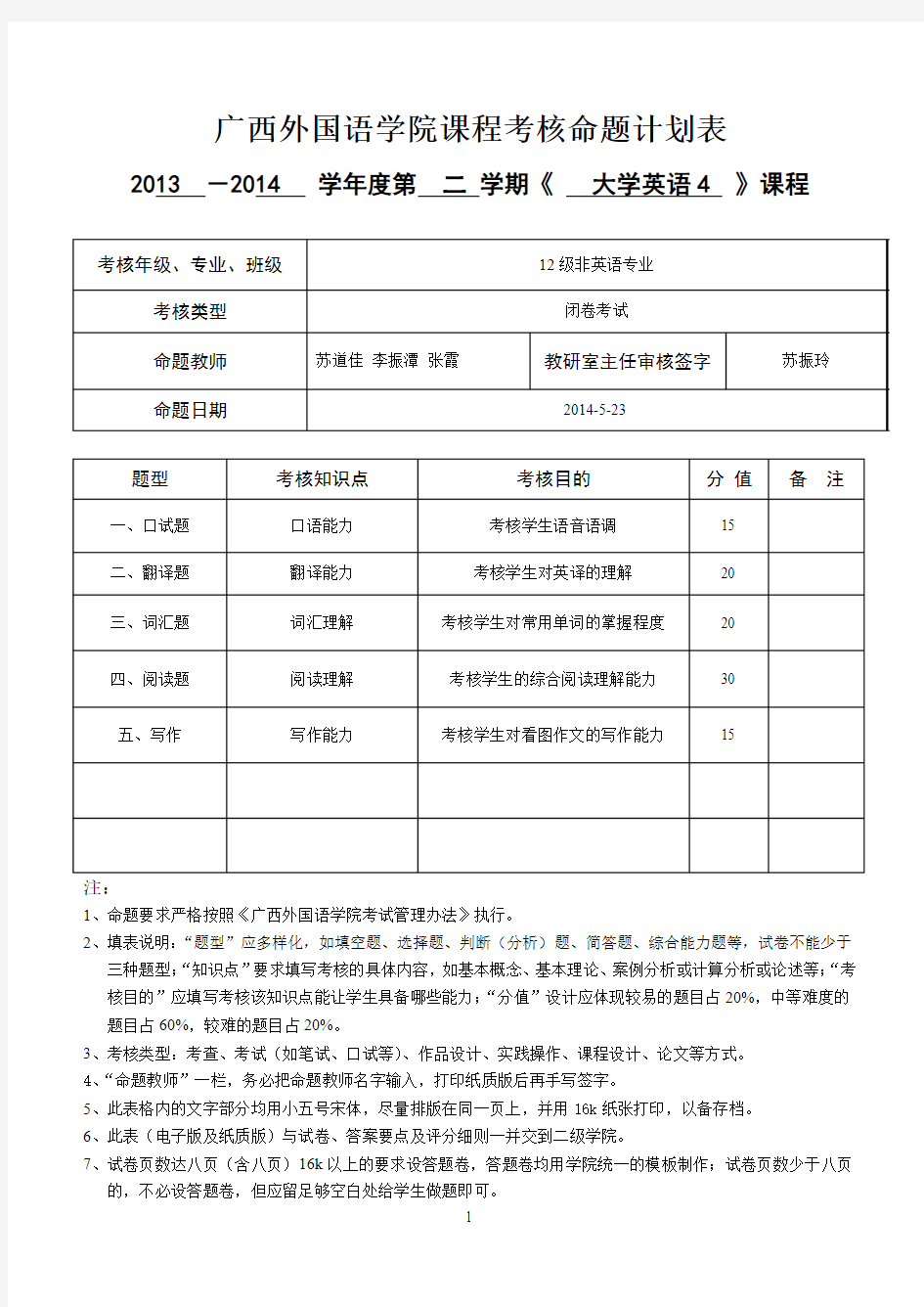 1、大学英语4 命题计划表新