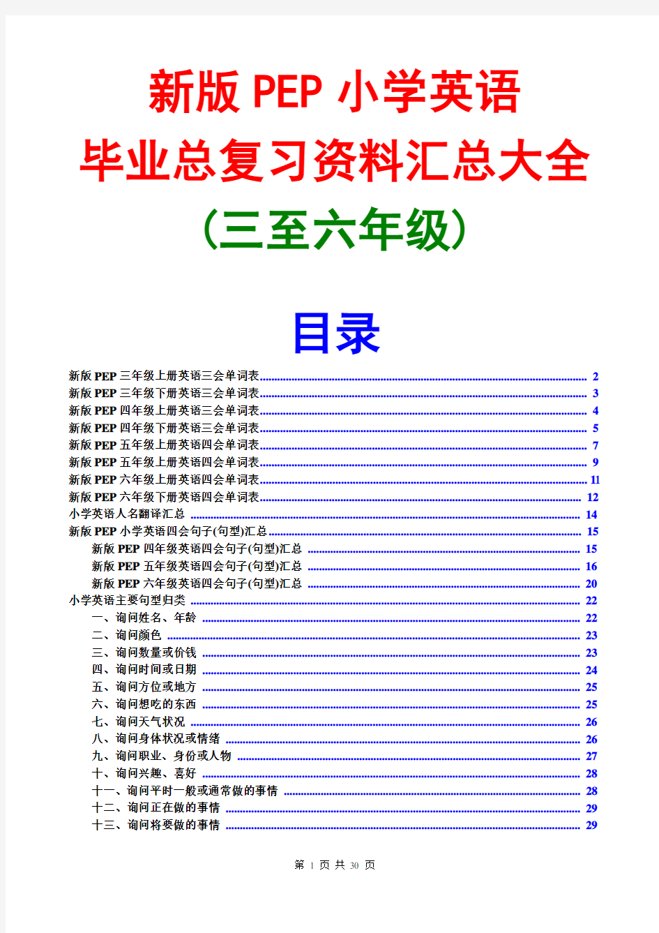 人教版小学英语复习资料最新版(值得下载)