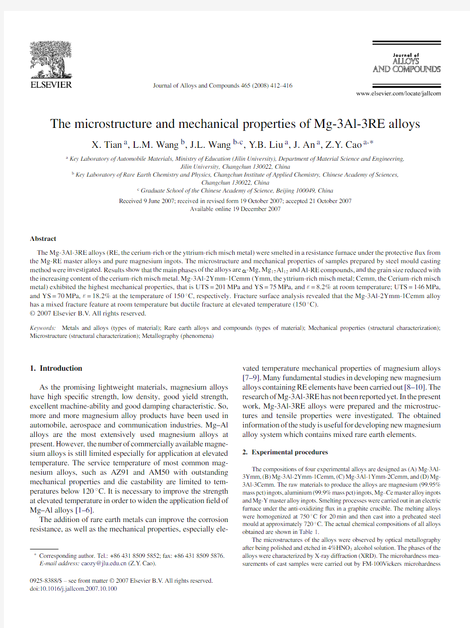 The microstructure and mechanical properties of Mg-3Al-3RE alloys