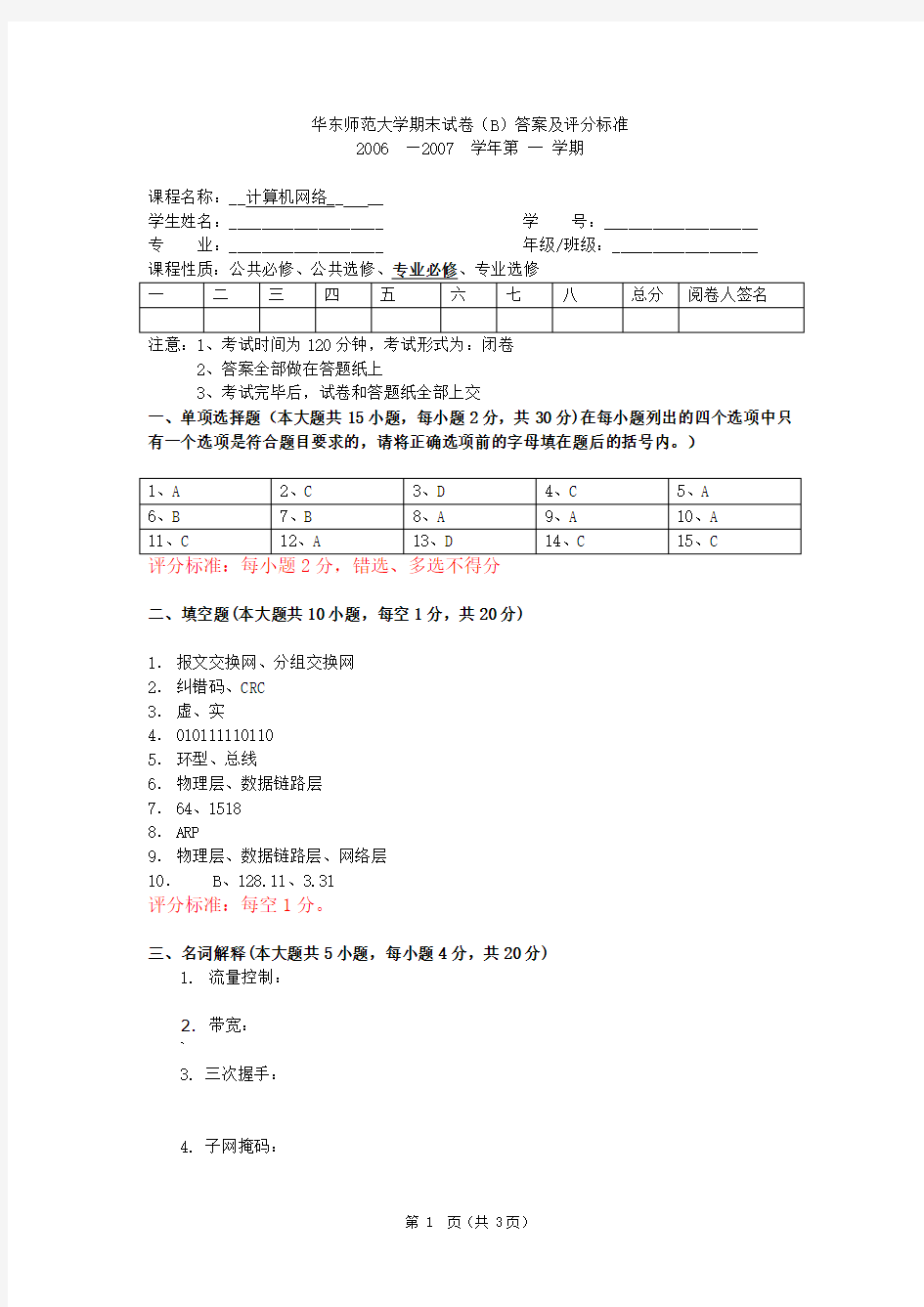 计算机网络试题(2006  —2007)B答案及评分标准