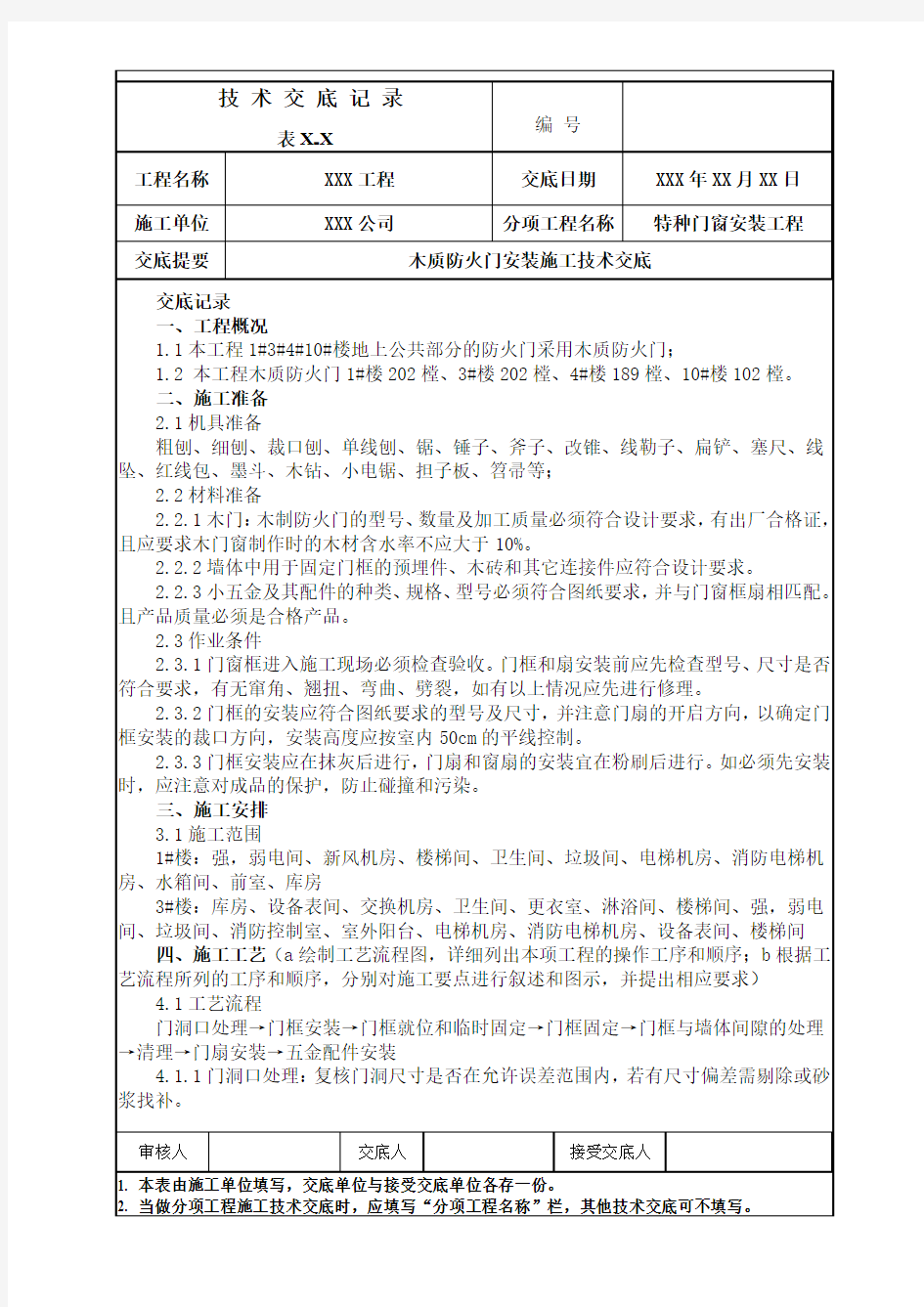 木质防火门安装施工技术交底