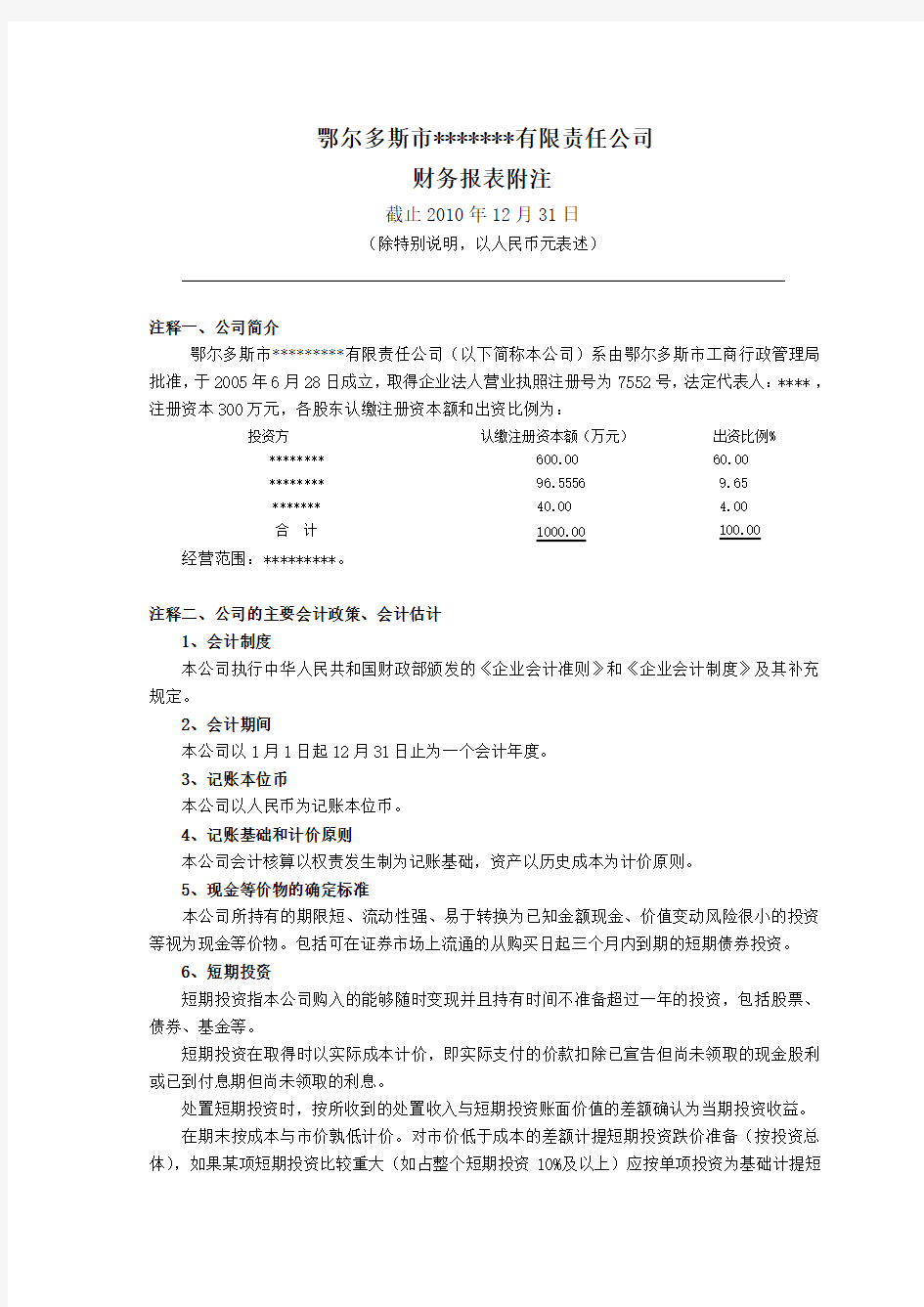 会计报表附注(样板)