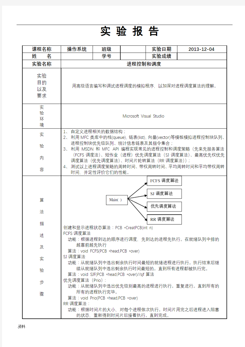 操作系统进程控制和调度实验报告