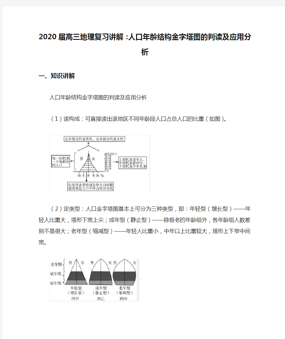 2020届高三地理复习讲解：人口年龄结构金字塔图的判读及应用分析