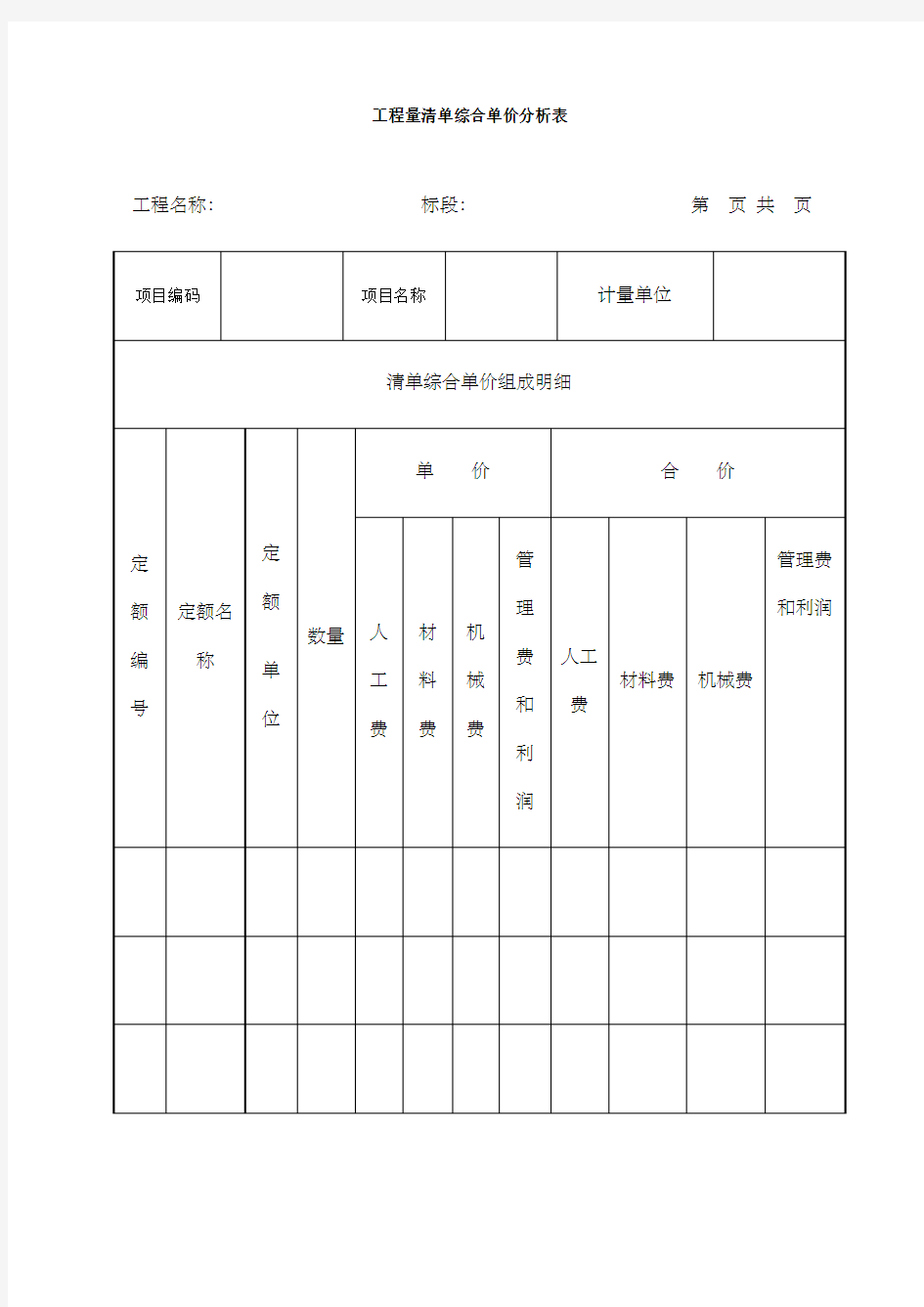 工程量清单综合单价分析表表格