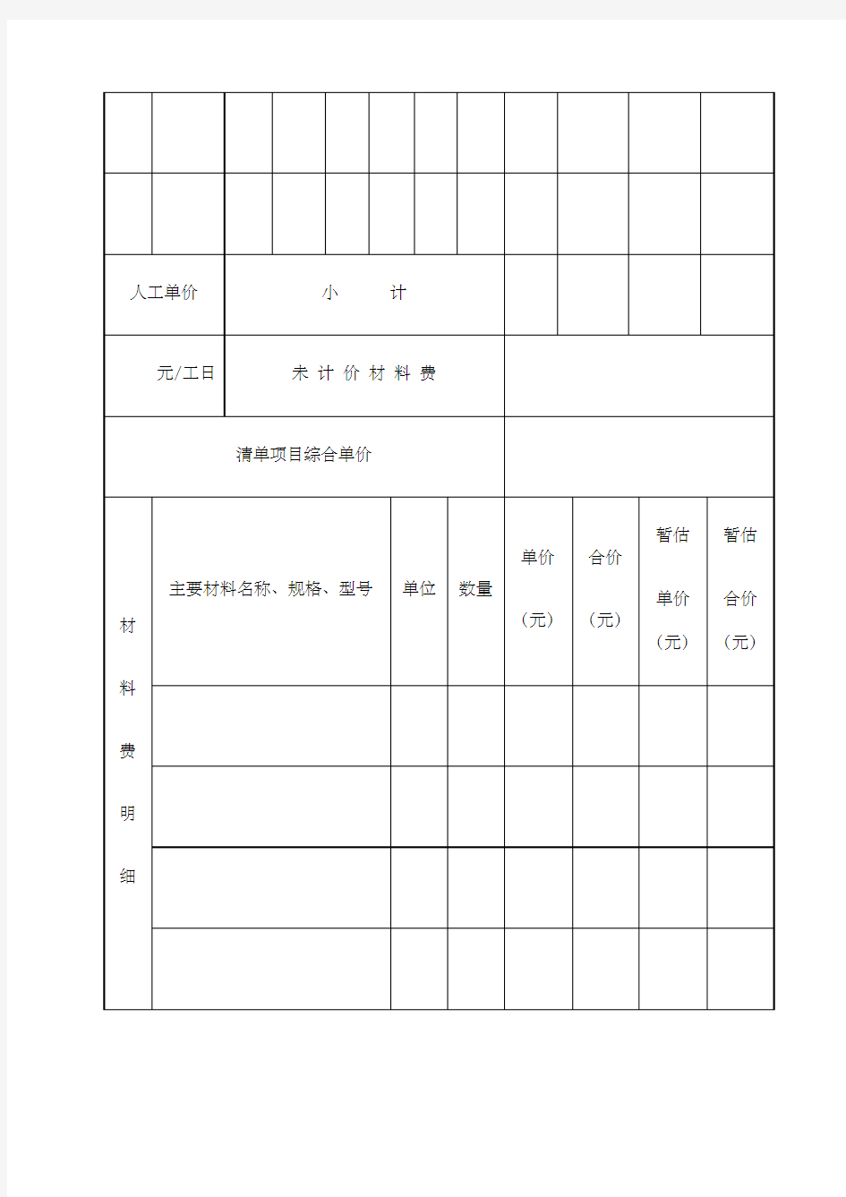 工程量清单综合单价分析表表格