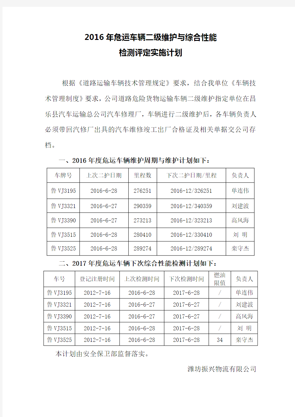 危运车辆二级维护计划