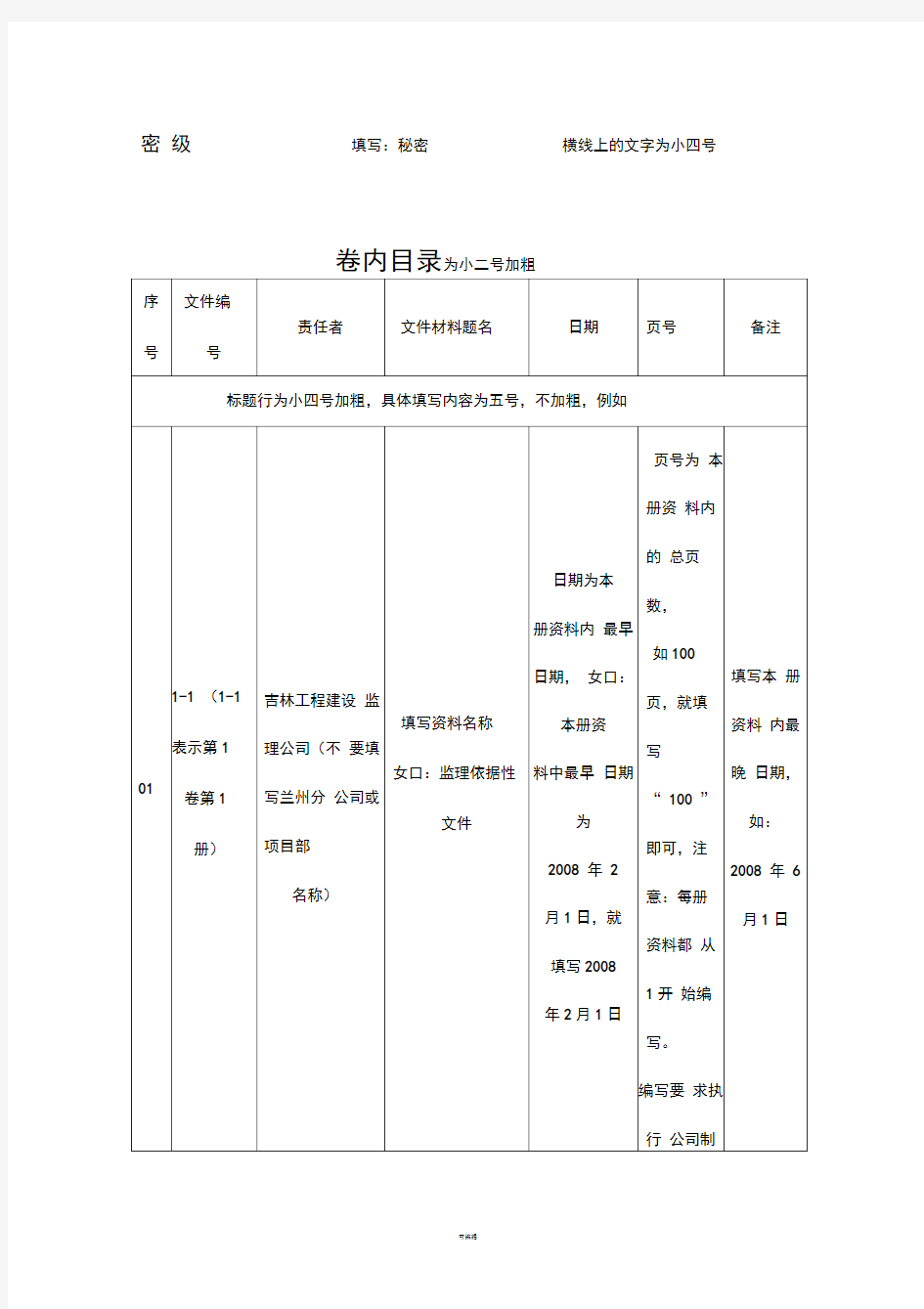 竣工资料封面、卷内目录、备考表样式