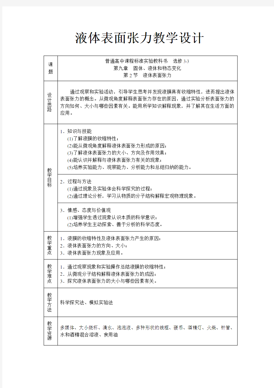 液体表面张力教学设计