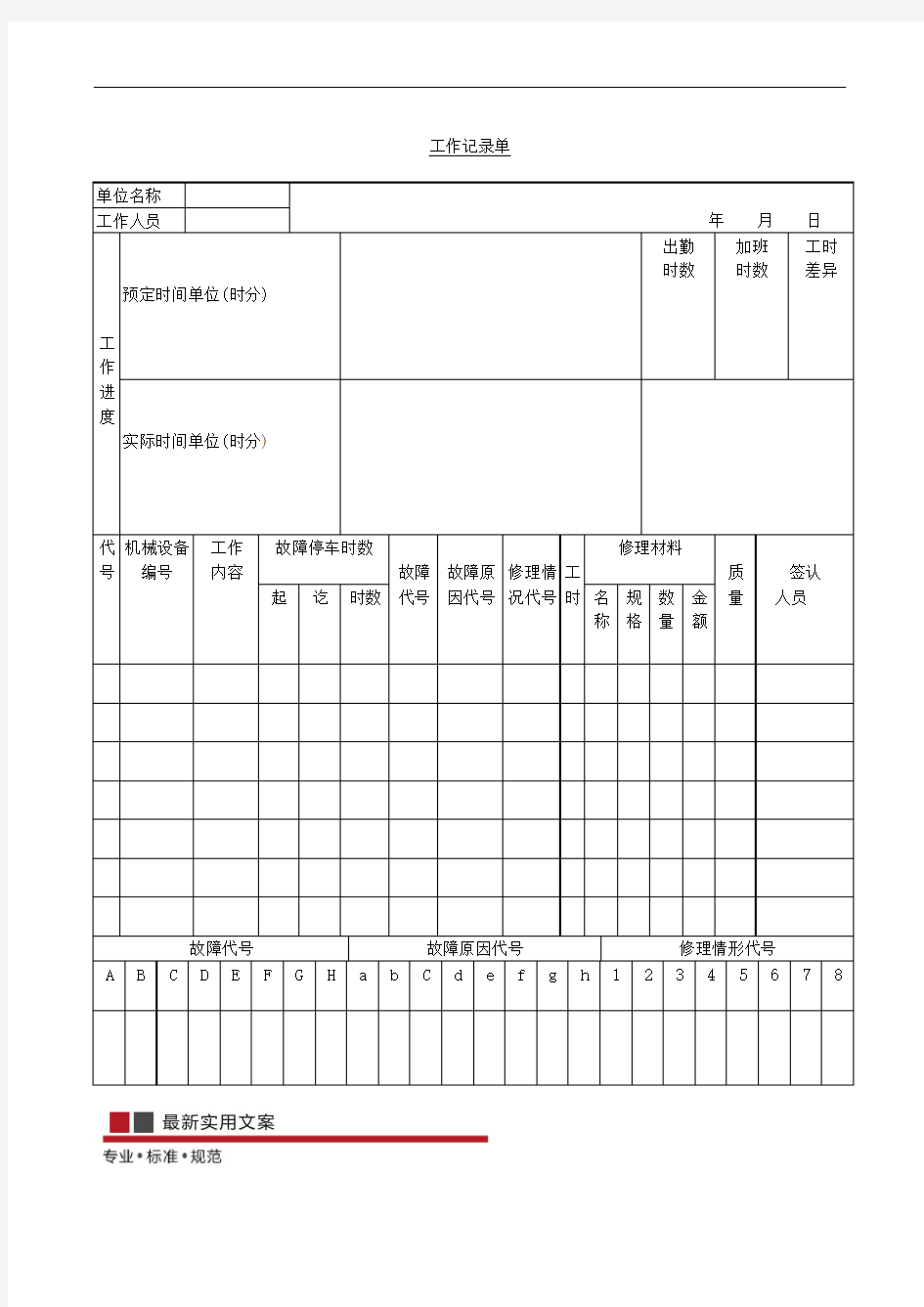 【表格】工作记录单(范本)