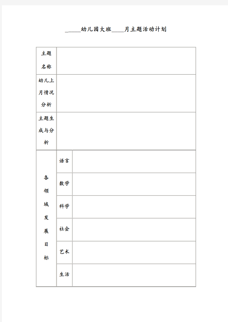 幼儿园大班月主题活动计划表(模板)