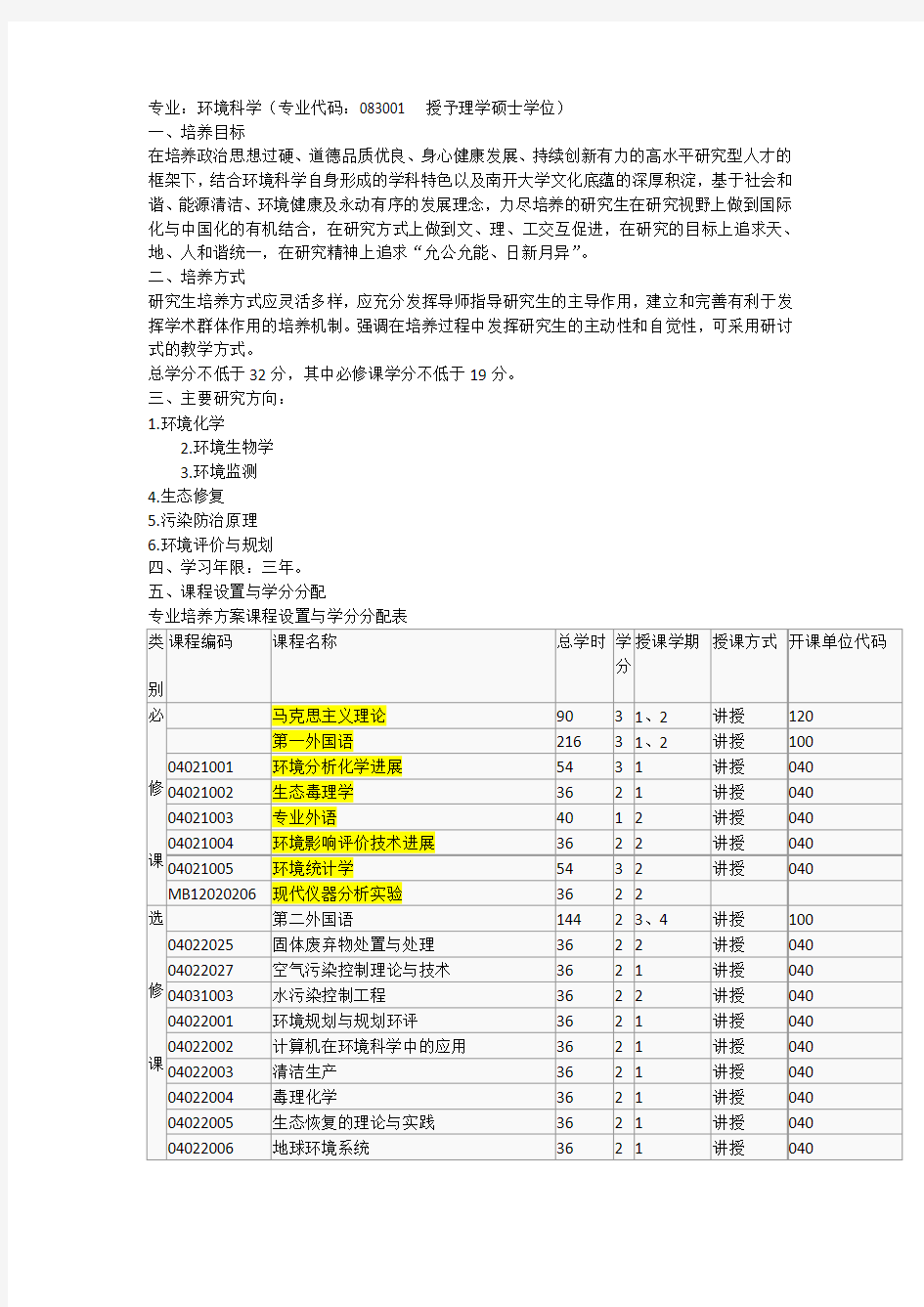 南开大学环境科学专业研究生培养计划