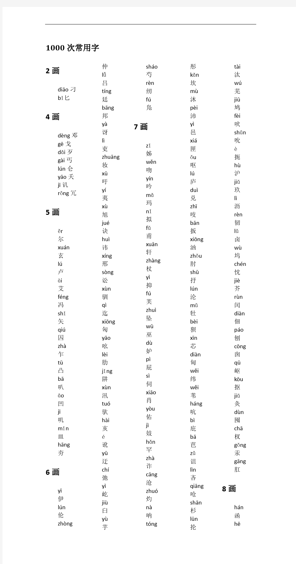 1000个次常用汉字(拼音版)