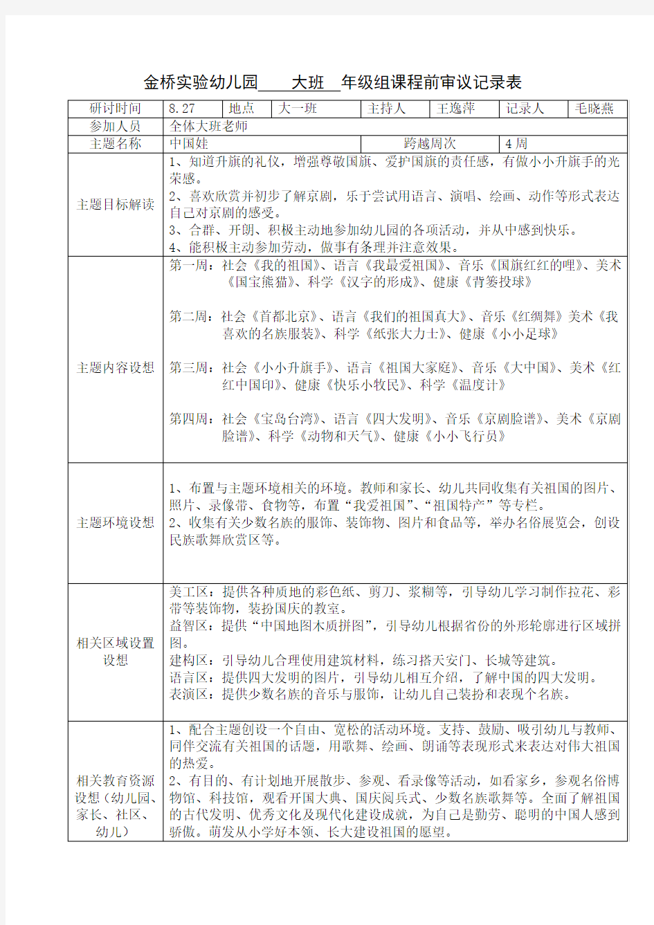 第二主题“中国娃”课程审议记录表