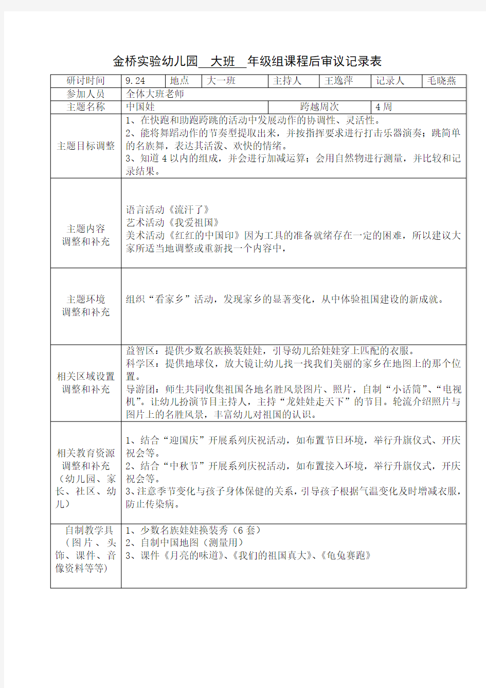第二主题“中国娃”课程审议记录表