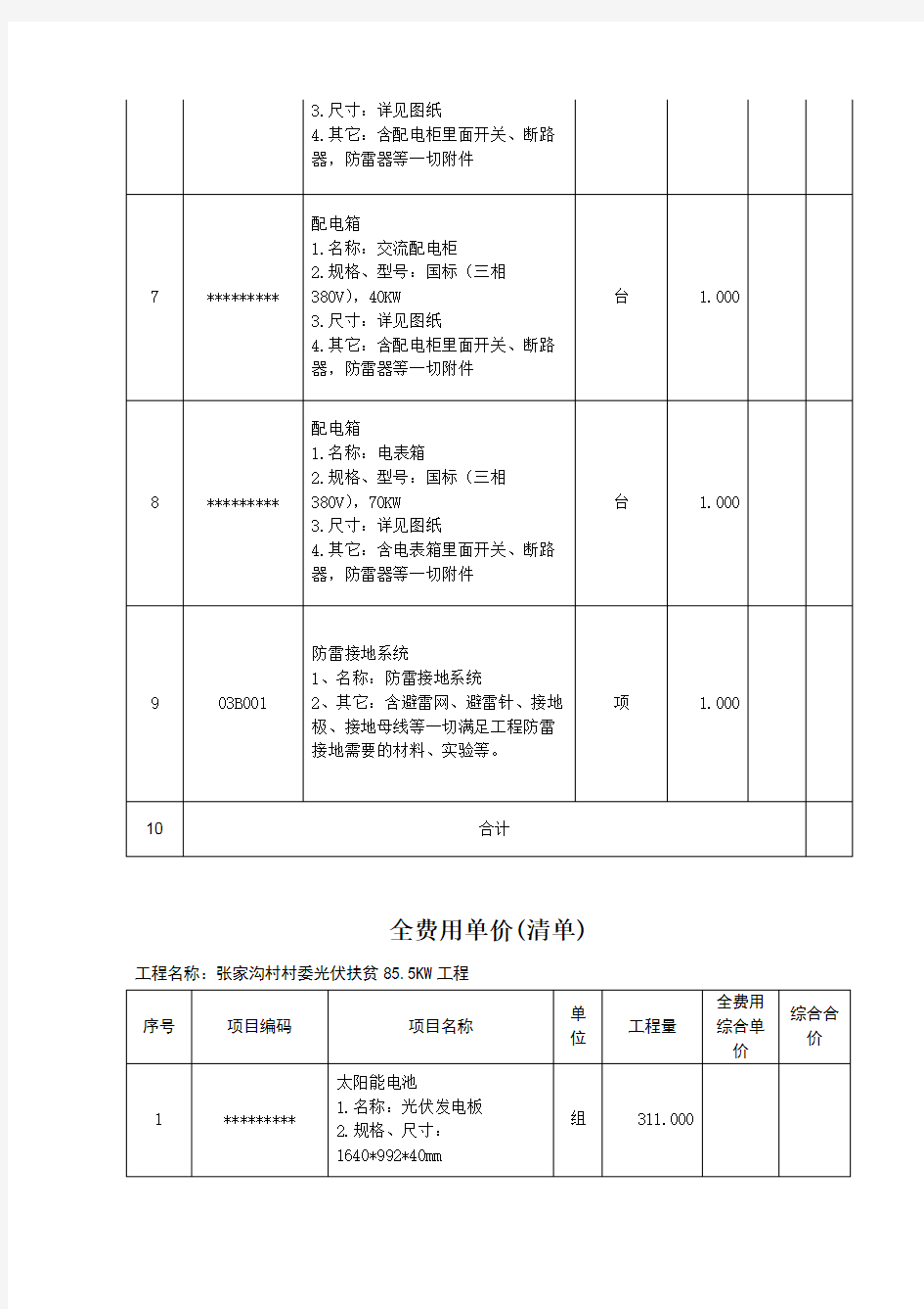 全费用单价(清单)【模板】