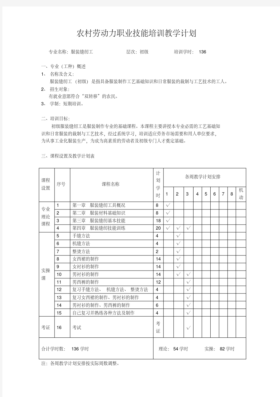 服装缝纫工教学计划