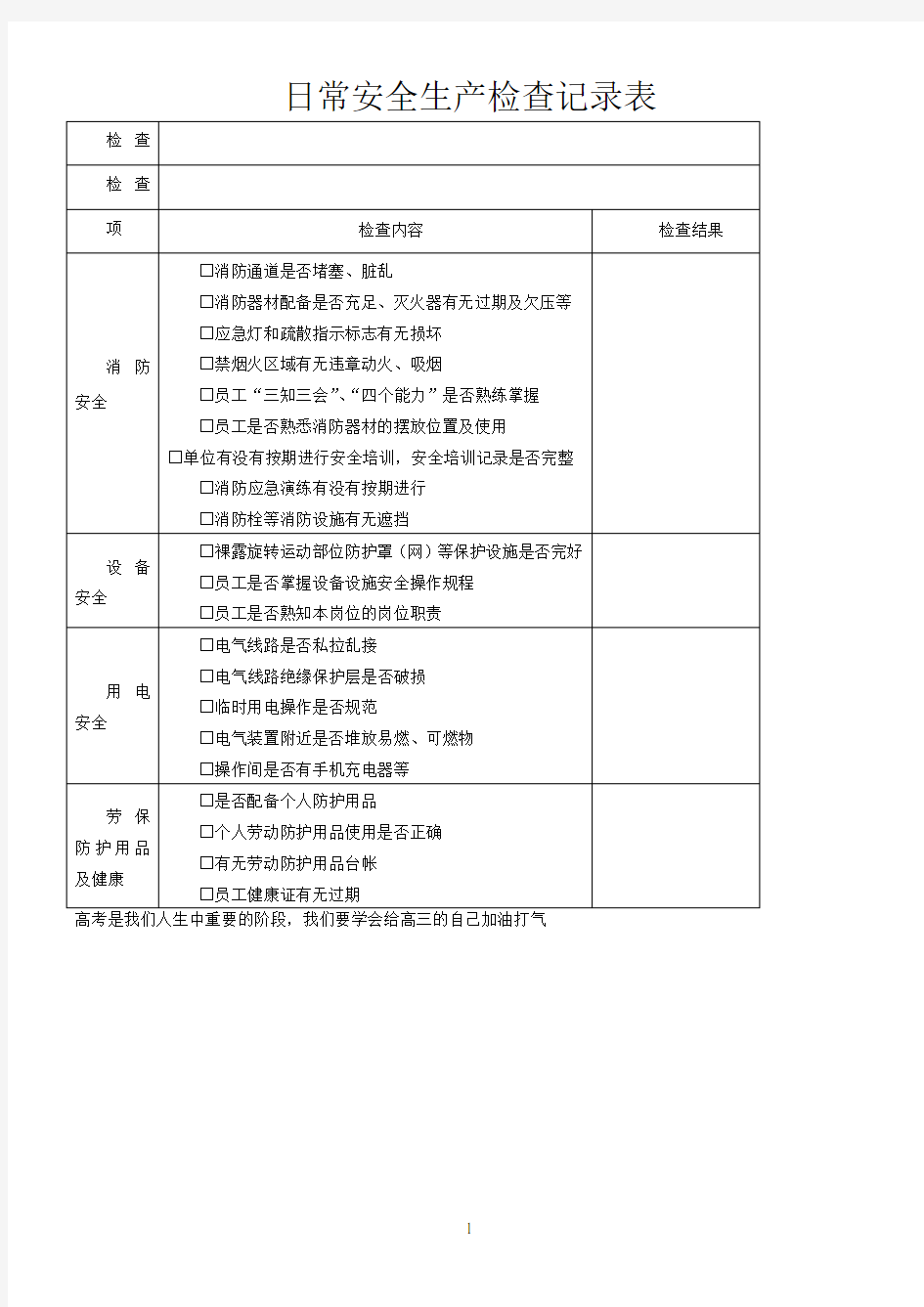 日常安全生产检查记录表