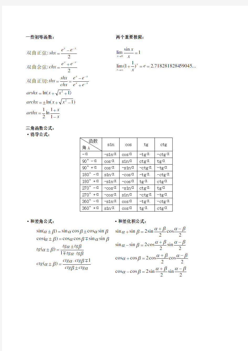 考研数学一公式手册大全(整理全面)