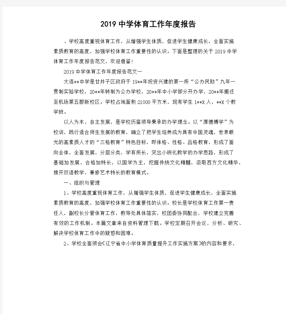 2019中学体育工作年度报告