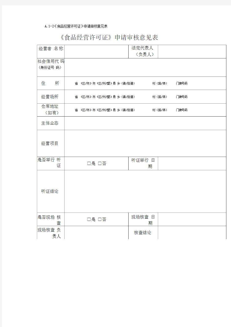 《食品经营许可证》申请审核意见表