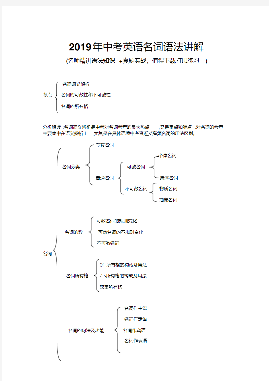 2019年中考英语名词语法讲解及答案