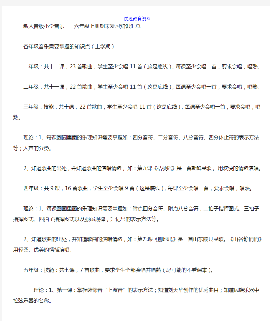 小学音乐一――六年级期末复习知识汇总