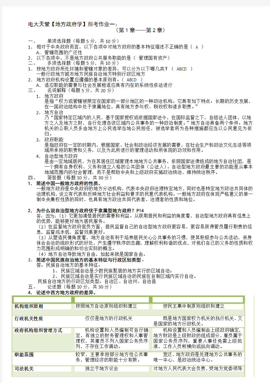 电大本科【地方政府学】形成性考核册作业答案(附题目)