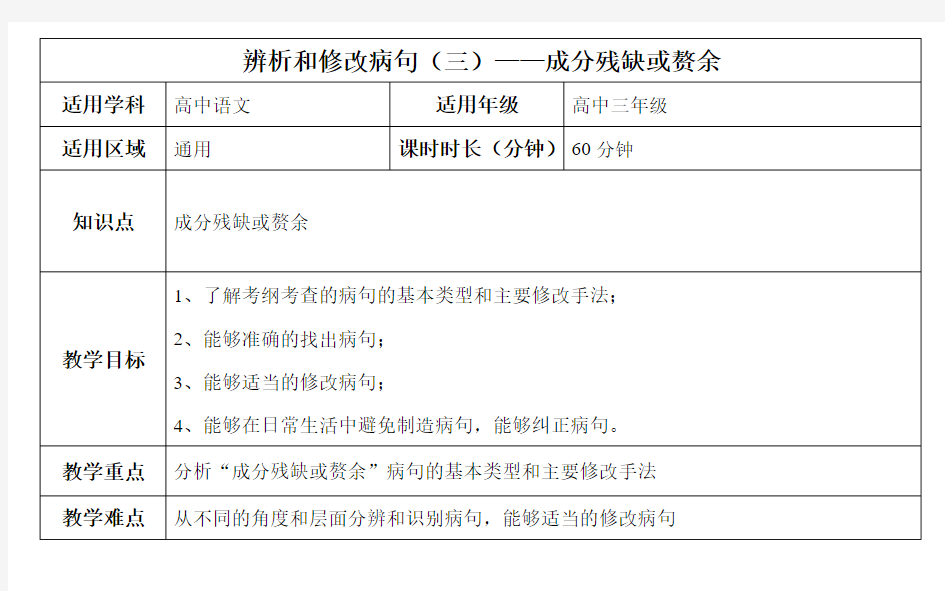 辨析和修改病句(三)——成分残缺或赘余 教案.